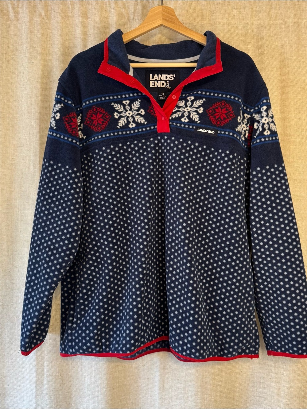 Lands' End 1X Fair Isle Mock Neck Snap Fleece Pullover Snowflake Nordic Winter